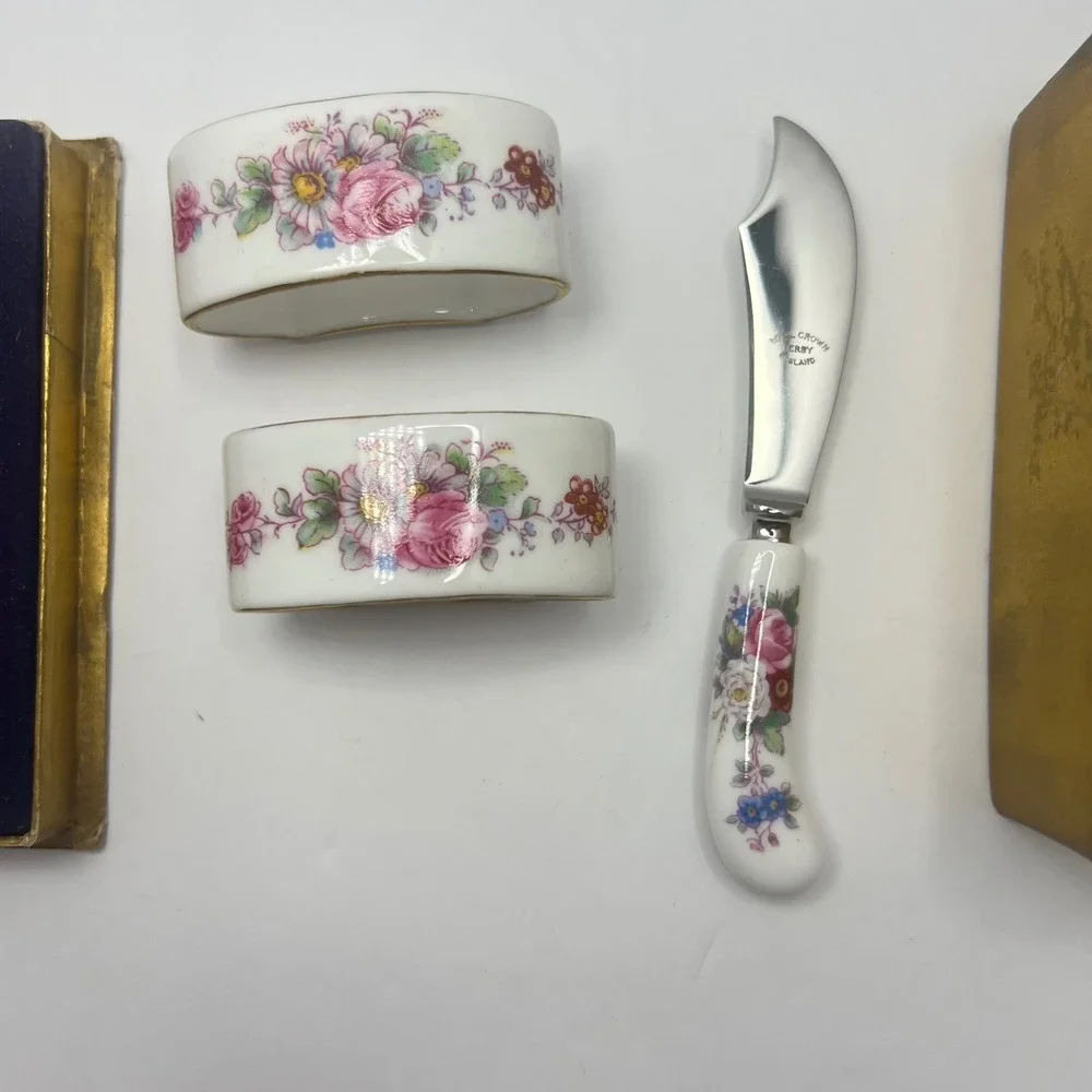 Royal Crown Derby Napkin Ring Spreader Set Cottage Posies Pink Rose Bone China